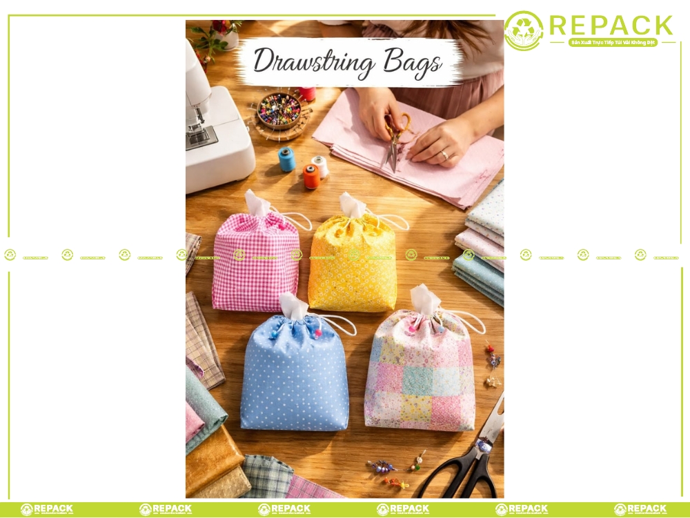 hướng dẫn may túi vải rút bằng tay